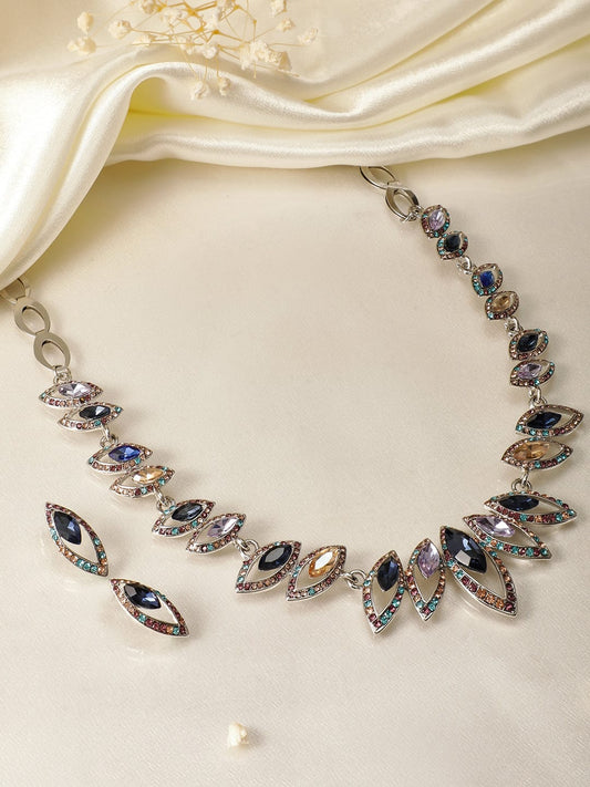 Rhodium-Plated Statement Necklace Set with Multicolor Cubic Zirconia Gemstones