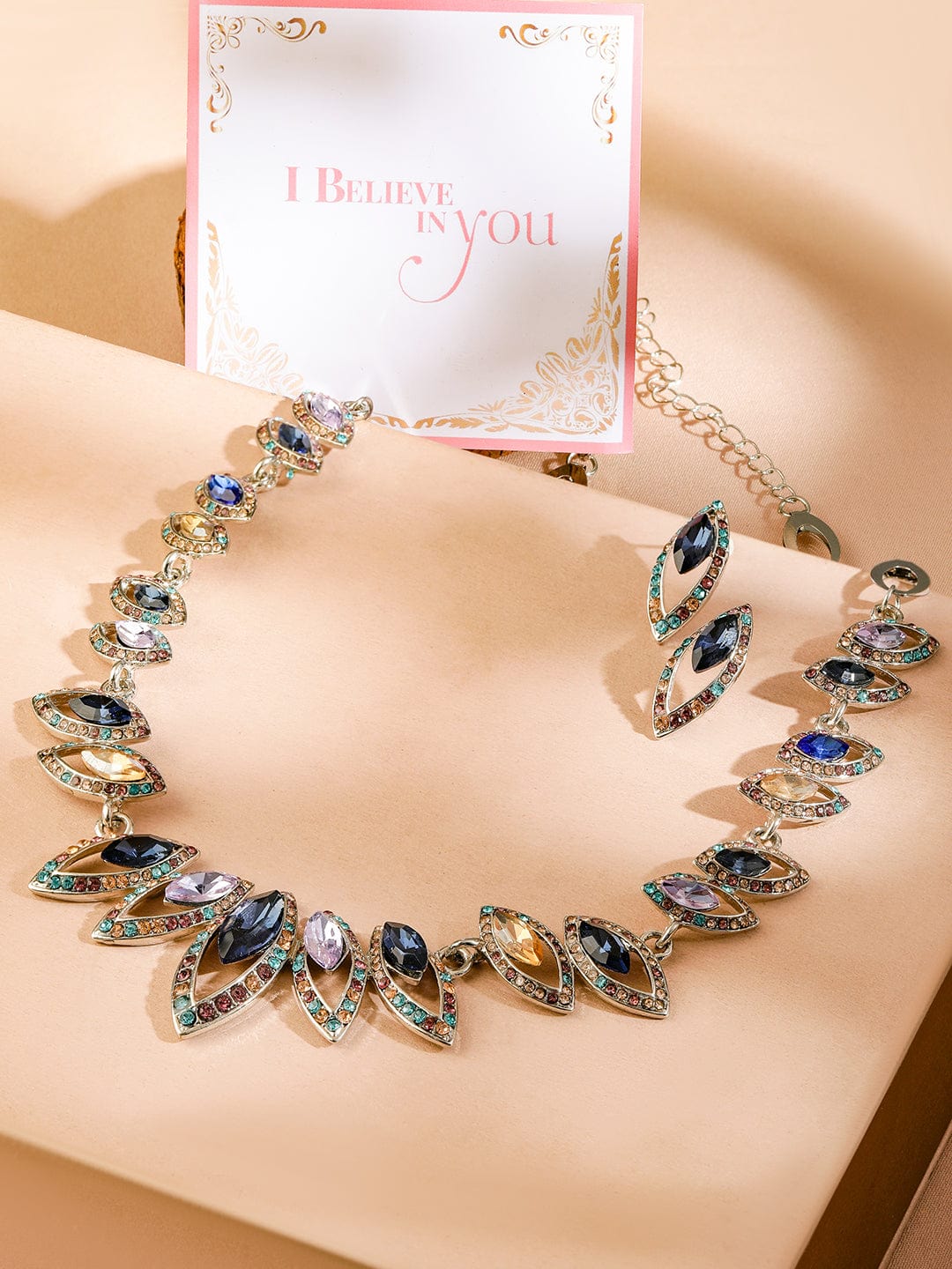 Rhodium-Plated Statement Necklace Set with Multicolor Cubic Zirconia Gemstones