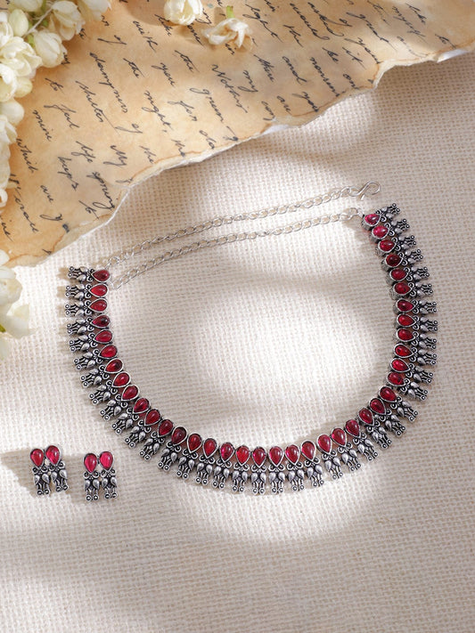 Rhodium-Plated Stone-Studded Oxidised Necklace Set