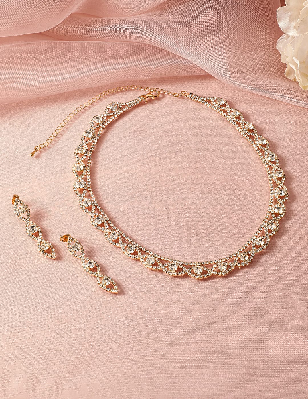 Rubans 18K Gold Plated AD & White Cubic Zirconia Studded Necklace and Earring Set