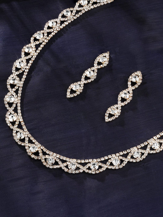 Rubans 18K Gold Plated AD & White Cubic Zirconia Studded Necklace and Earring Set