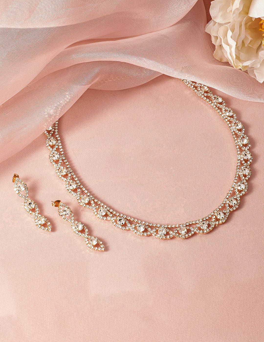 Rubans 18K Gold Plated AD & White Cubic Zirconia Studded Necklace and Earring Set
