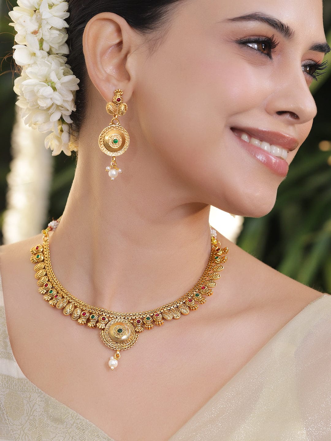 Rubans 18K Gold-Plated Brass Antique Design Necklace Set with Ruby & Emerald Beads