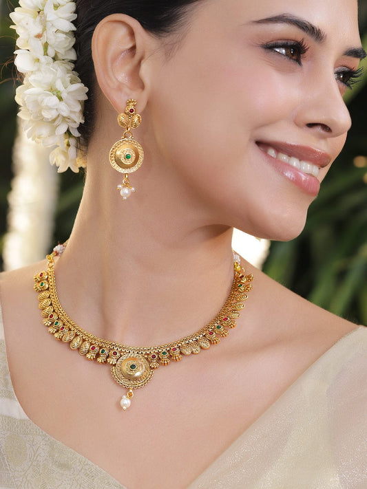 Rubans 18K Gold-Plated Brass Antique Design Necklace Set with Ruby & Emerald Beads