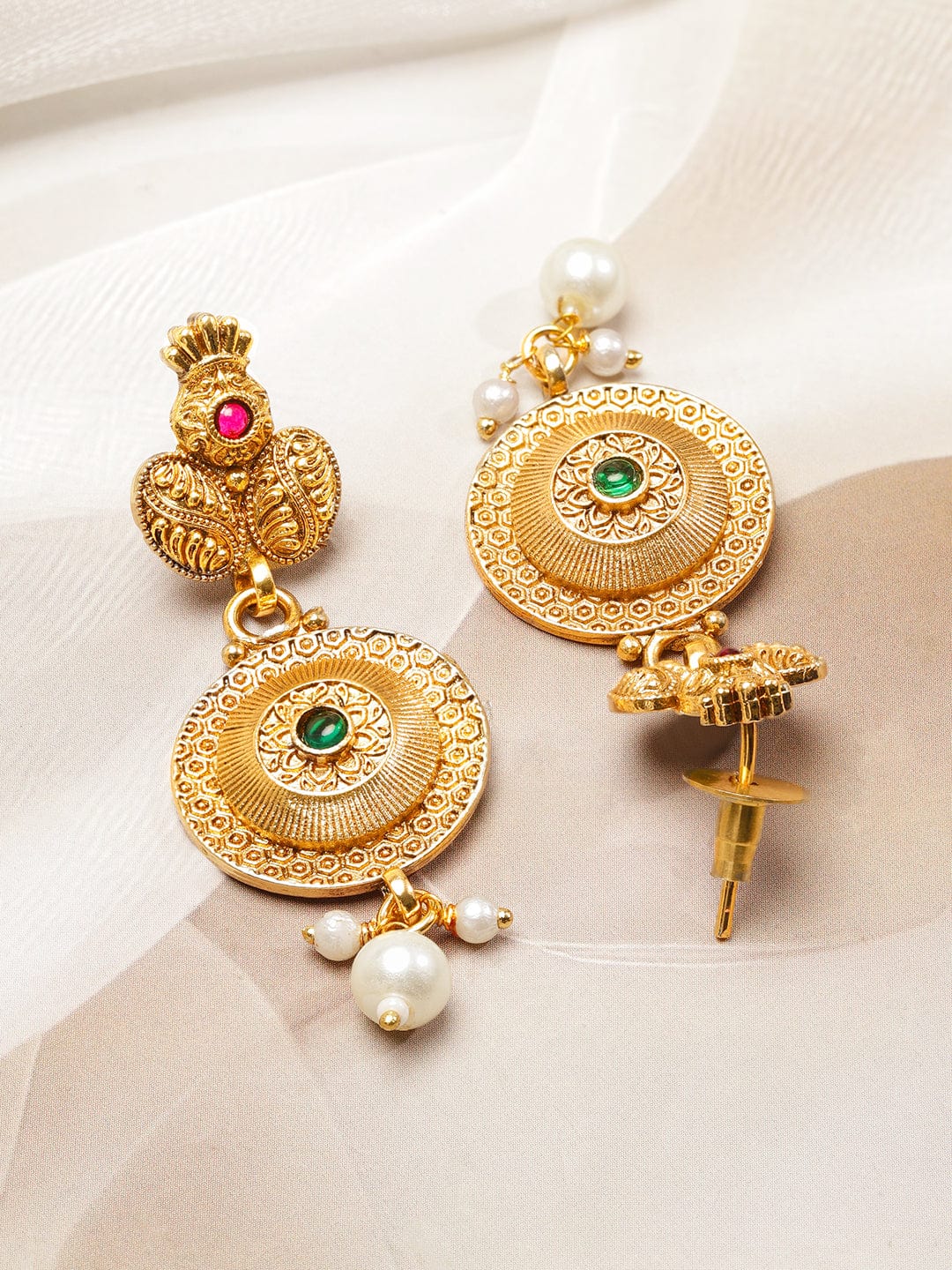 Rubans 18K Gold-Plated Brass Antique Design Necklace Set with Ruby & Emerald Beads
