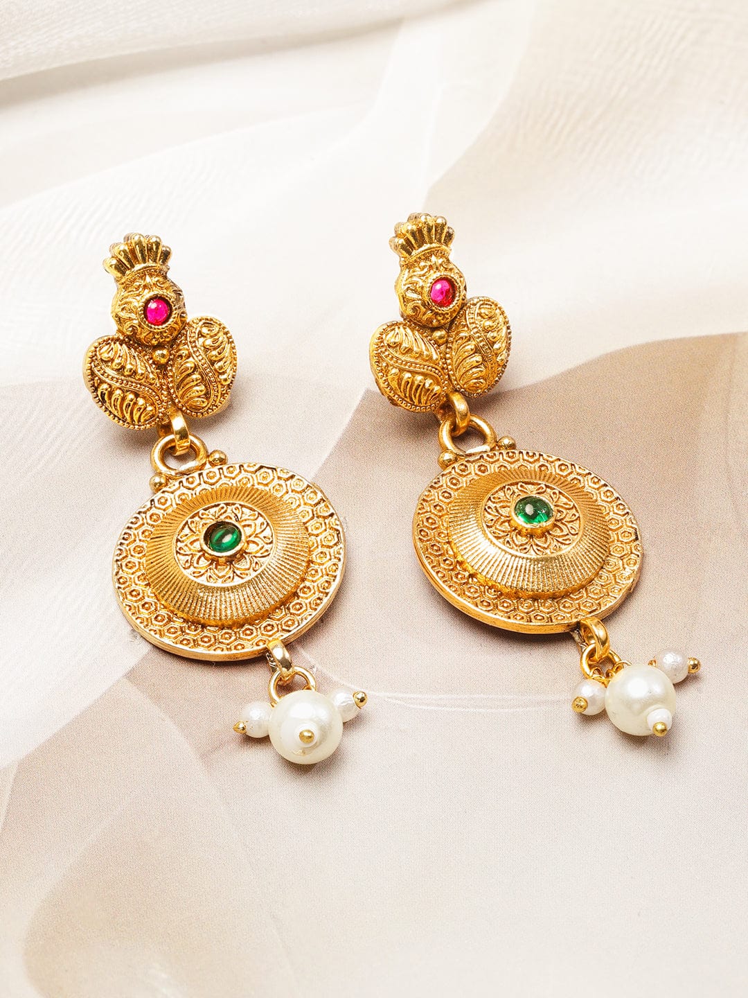 Rubans 18K Gold-Plated Brass Antique Design Necklace Set with Ruby & Emerald Beads