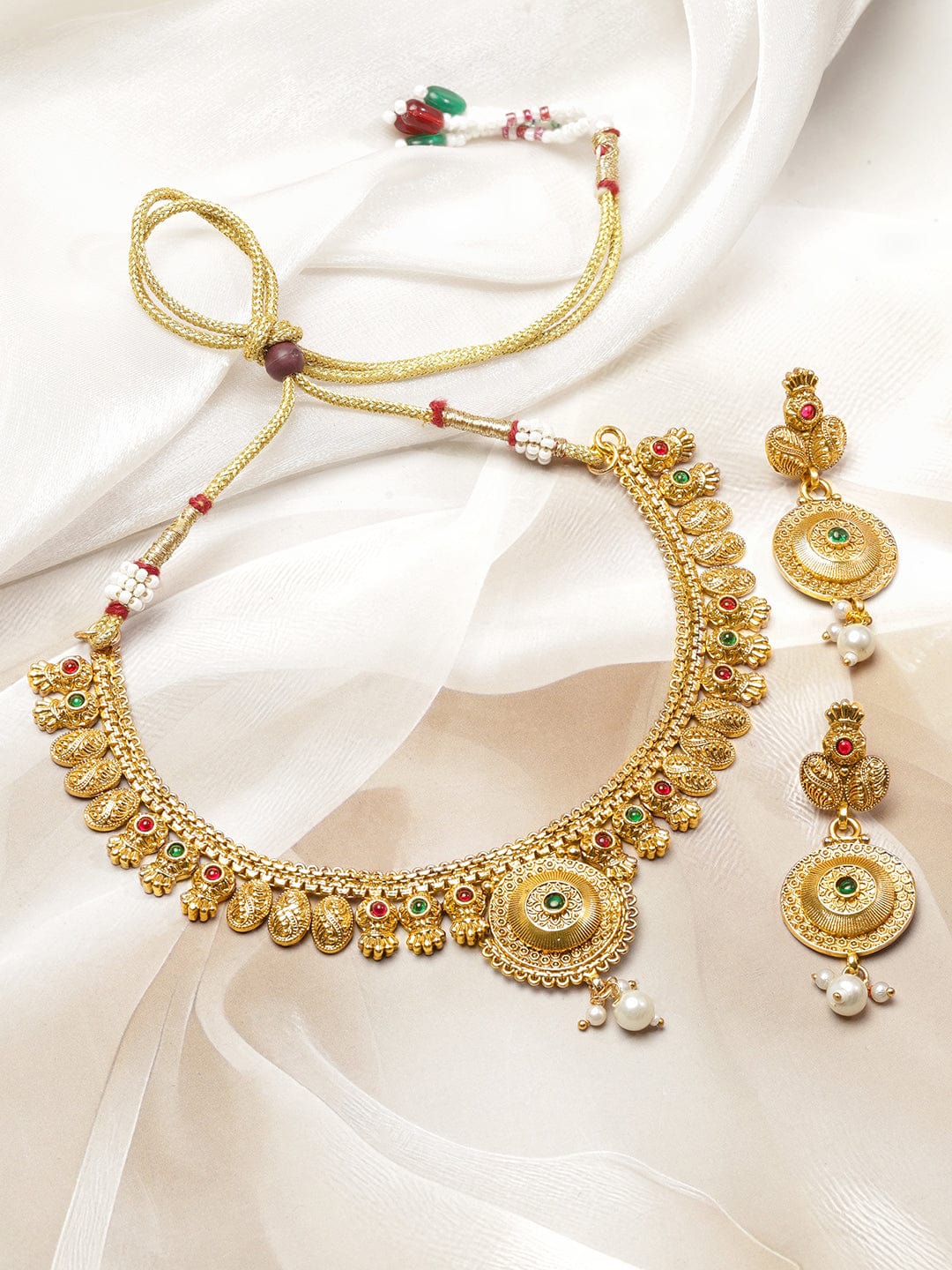 Rubans 18K Gold-Plated Brass Antique Design Necklace Set with Ruby & Emerald Beads