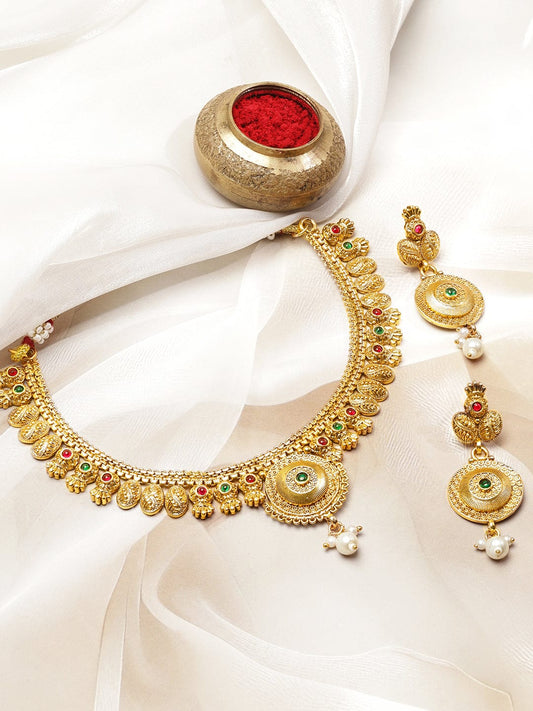 Rubans 18K Gold-Plated Brass Antique Design Necklace Set with Ruby & Emerald Beads