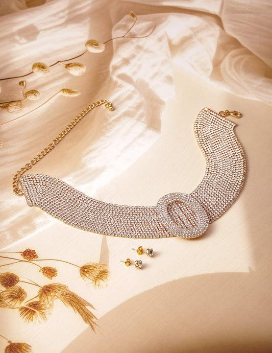 Rubans 18K Gold Plated Crystal AD & Zirconia Studded MultiStrand Statement Choker Necklace