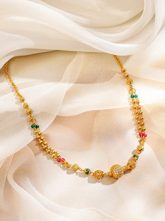 Rubans 18K Gold-Plated Cubic Zirconia Stone Gold, Green & Pink Beaded Matar Mala Necklace