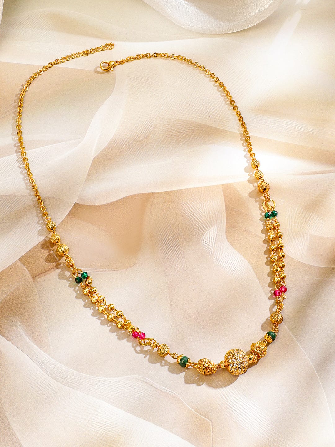 Rubans 18K Gold-Plated Cubic Zirconia Stone Gold, Green & Pink Beaded Matar Mala Necklace