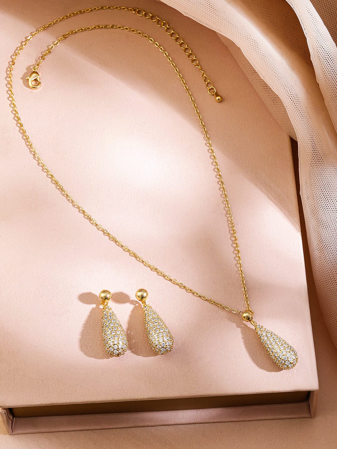 Rubans 18K Gold-Plated Cubic Zirconia Studded Pear-Shaped Pendant Necklace & Earrings Set