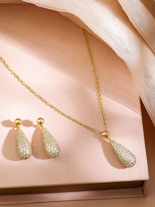 Rubans 18K Gold-Plated Cubic Zirconia Studded Pear-Shaped Pendant Necklace & Earrings Set