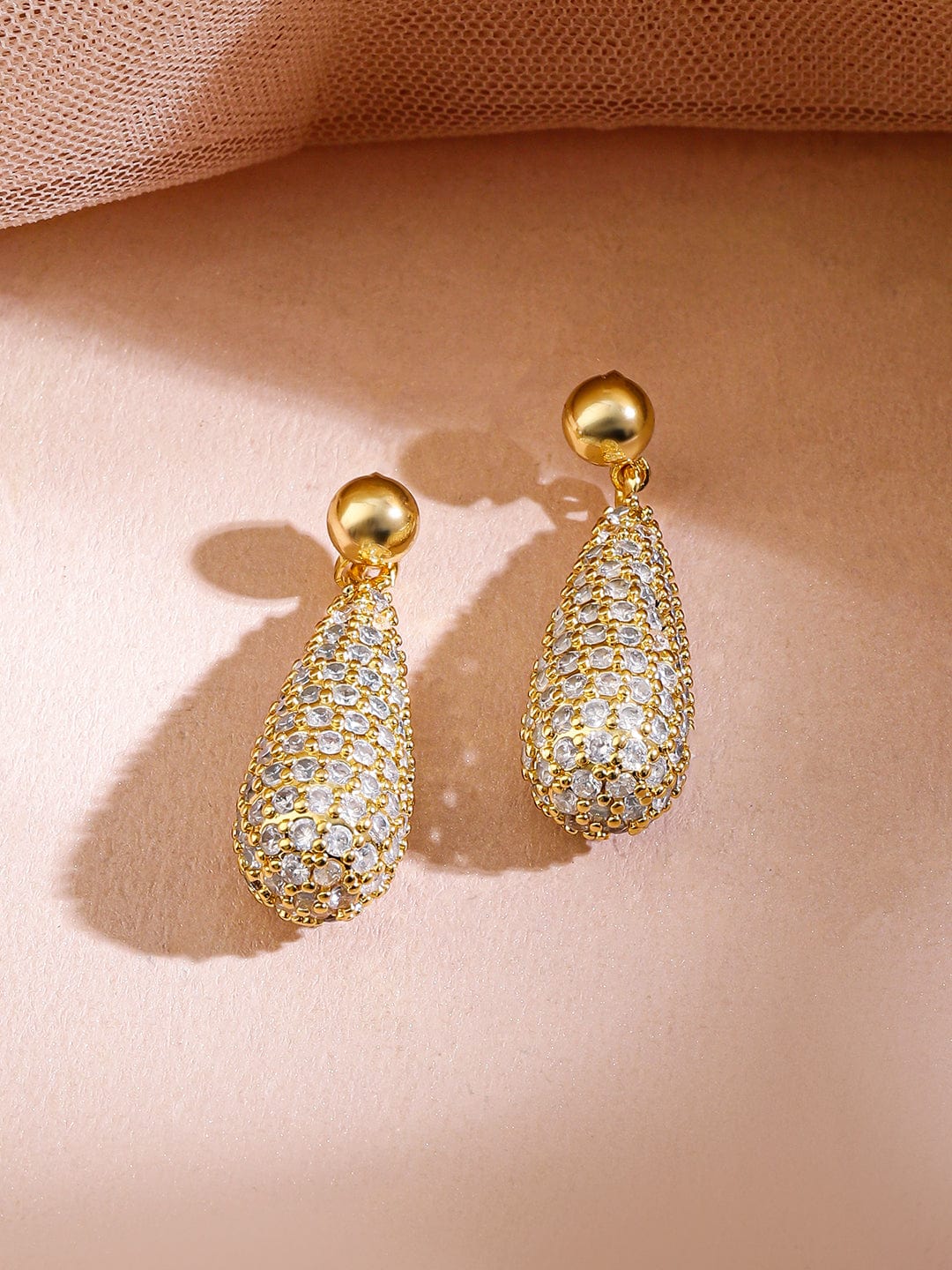 Rubans 18K Gold-Plated Cubic Zirconia Studded Pear-Shaped Pendant Necklace & Earrings Set