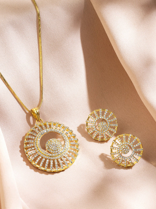 Rubans 18K Gold-Plated Cubic Zirconia Studded Radiant Circle Pendant Necklace Set