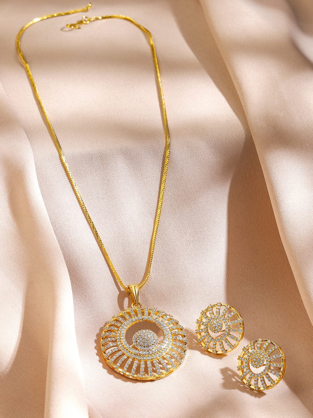 Rubans 18K Gold-Plated Cubic Zirconia Studded Radiant Circle Pendant Necklace Set