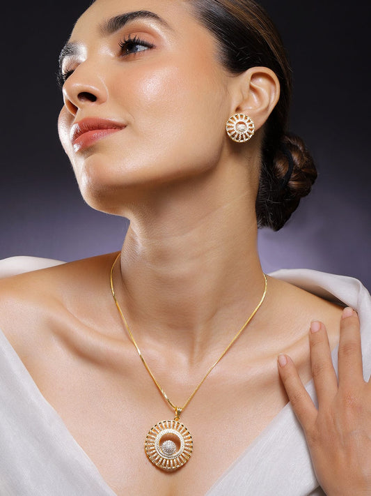 Rubans 18K Gold-Plated Cubic Zirconia Studded Radiant Circle Pendant Necklace Set