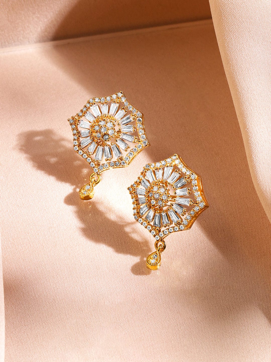 Rubans 18K Gold-Plated Cubic Zirconia Studded Starburst Drop Classic Pendant Necklace Set