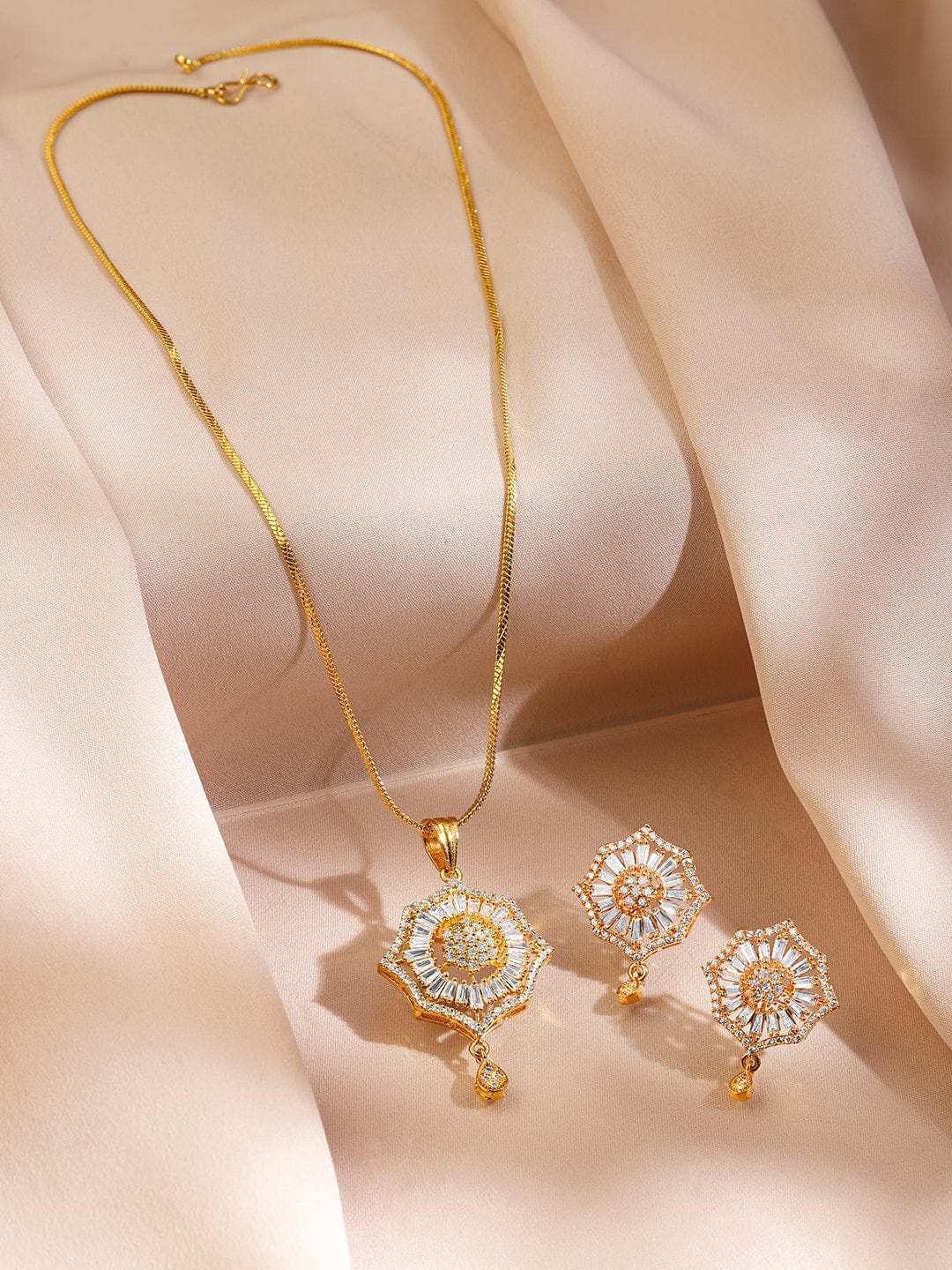 Rubans 18K Gold-Plated Cubic Zirconia Studded Starburst Drop Classic Pendant Necklace Set