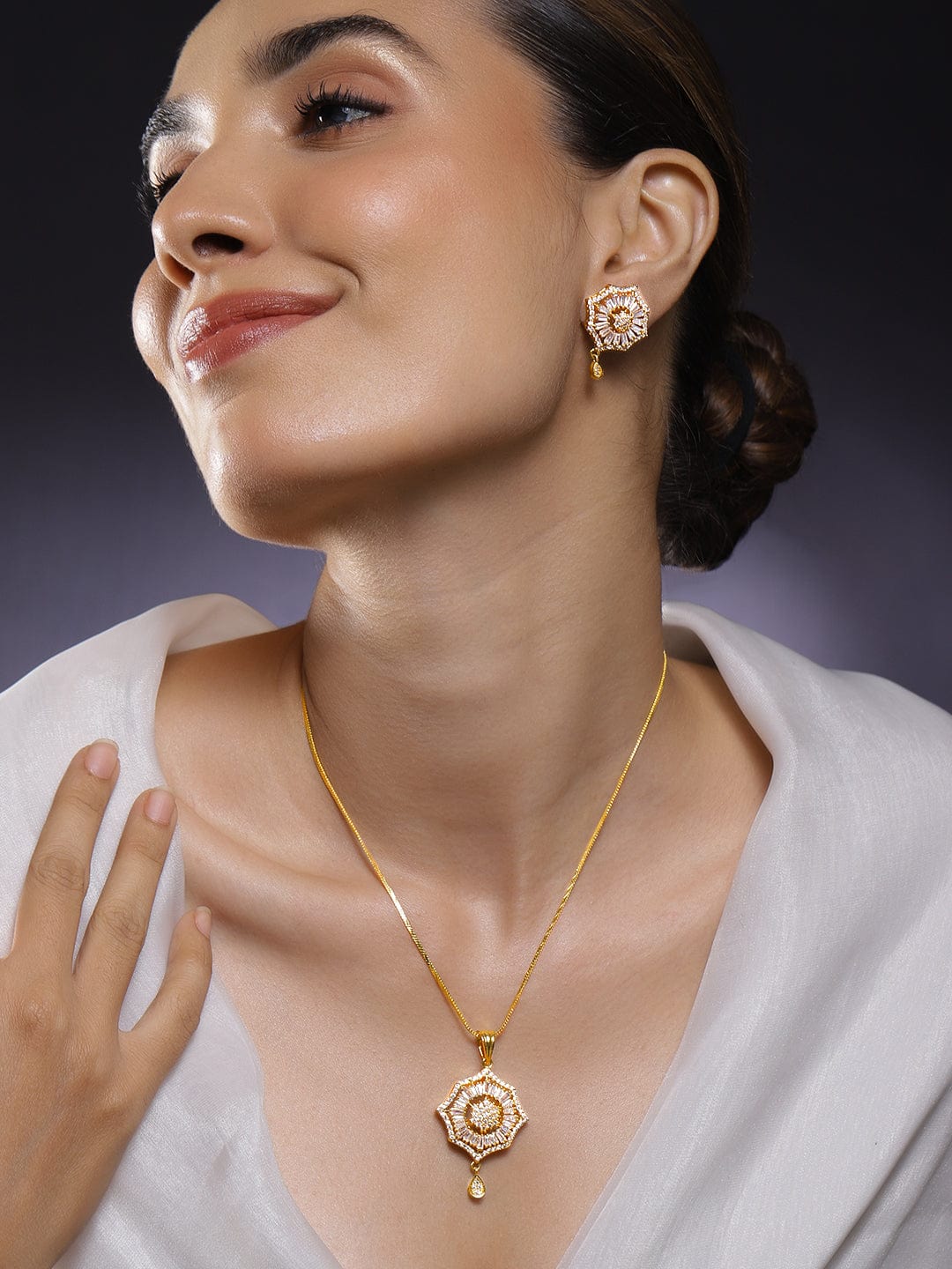 Rubans 18K Gold-Plated Cubic Zirconia Studded Starburst Drop Classic Pendant Necklace Set