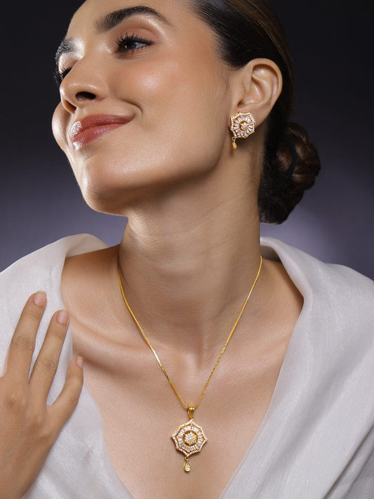 Rubans 18K Gold-Plated Cubic Zirconia Studded Starburst Drop Classic Pendant Necklace Set