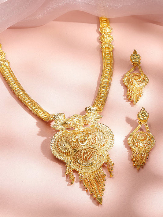 Rubans 18K Gold-Plated Floral Filigree Long Necklace Set with Drop Earrings