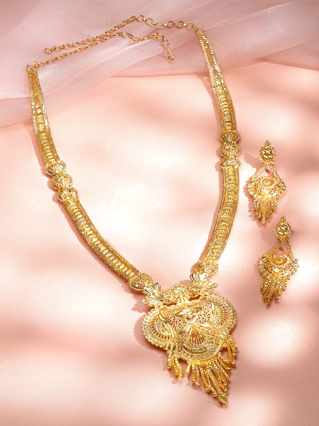 Rubans 18K Gold-Plated Floral Filigree Long Necklace Set with Drop Earrings