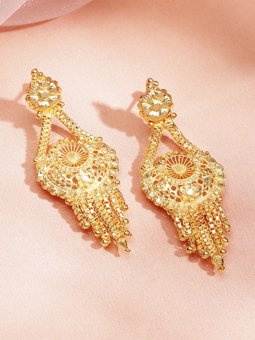 Rubans 18K Gold-Plated Floral Filigree Long Necklace Set with Drop Earrings