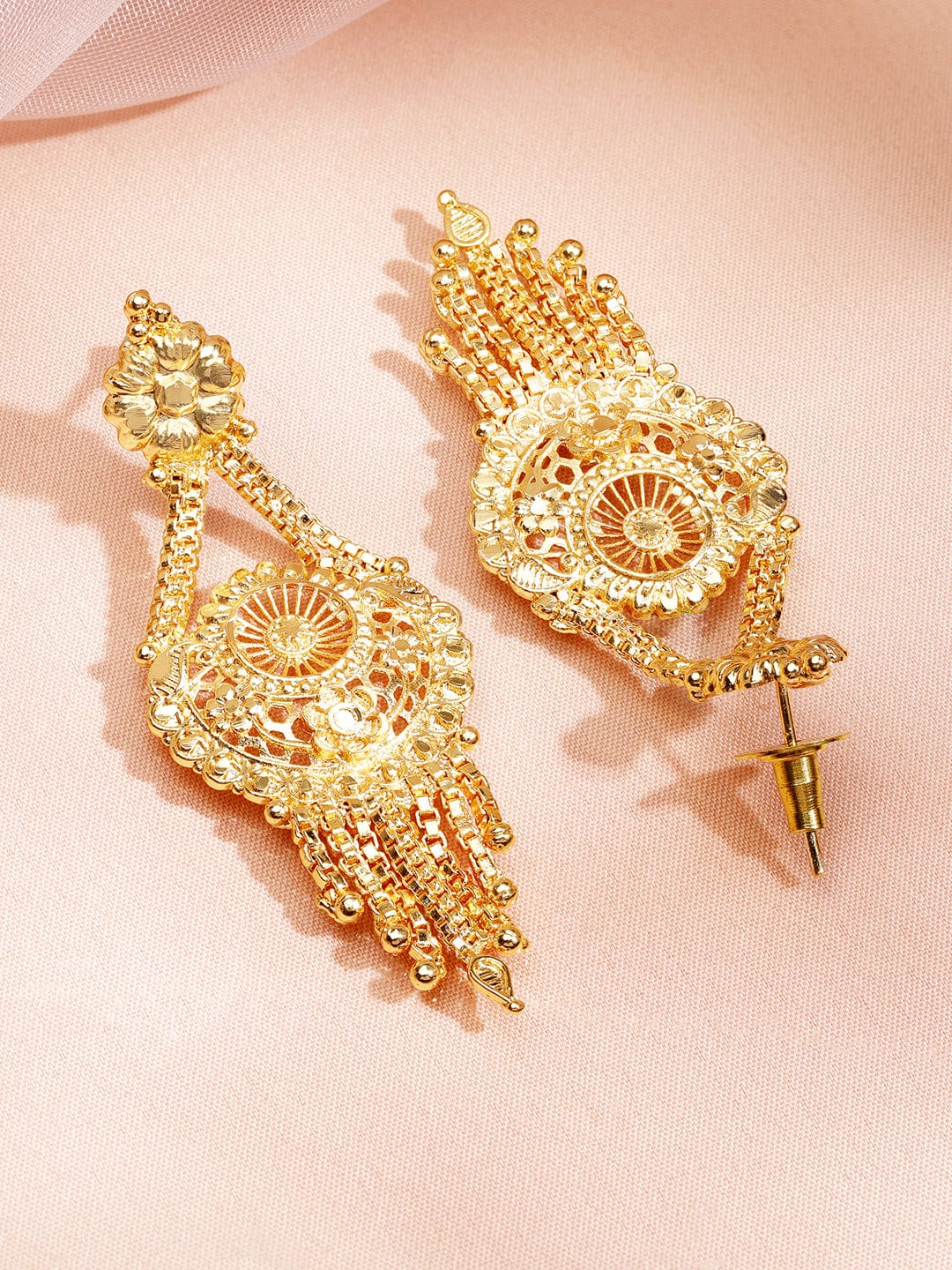 Rubans 18K Gold-Plated Floral Filigree Long Necklace Set with Drop Earrings