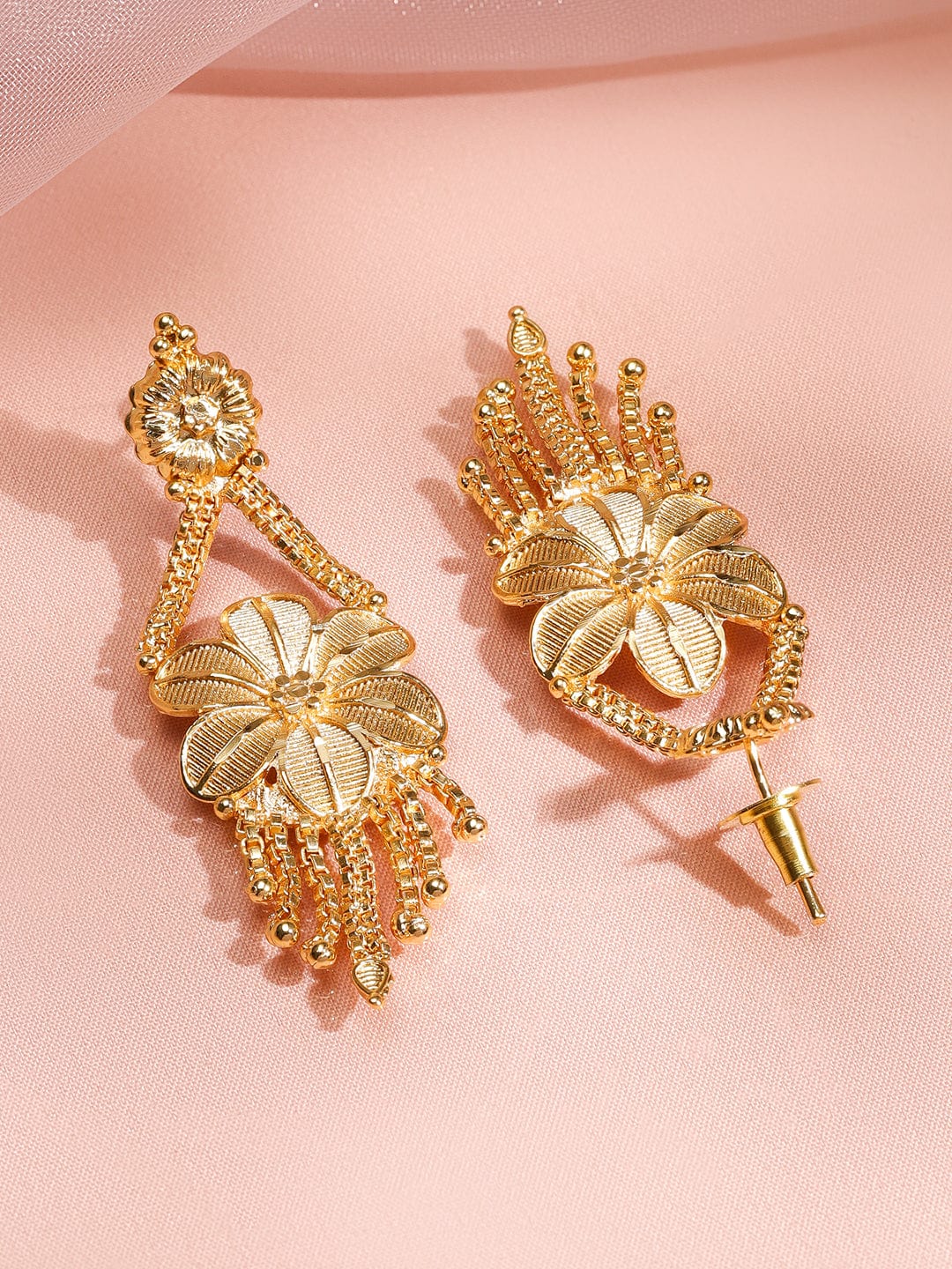 Rubans 18K Gold-Plated Floral Filigree Long Necklace Set with Intricate Pendant and Earrings