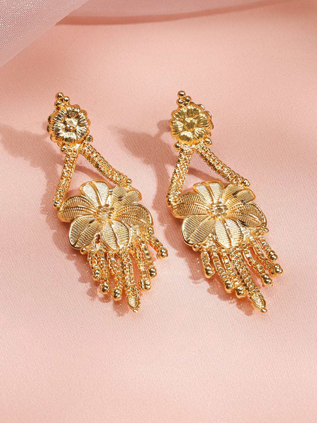 Rubans 18K Gold-Plated Floral Filigree Long Necklace Set with Intricate Pendant and Earrings