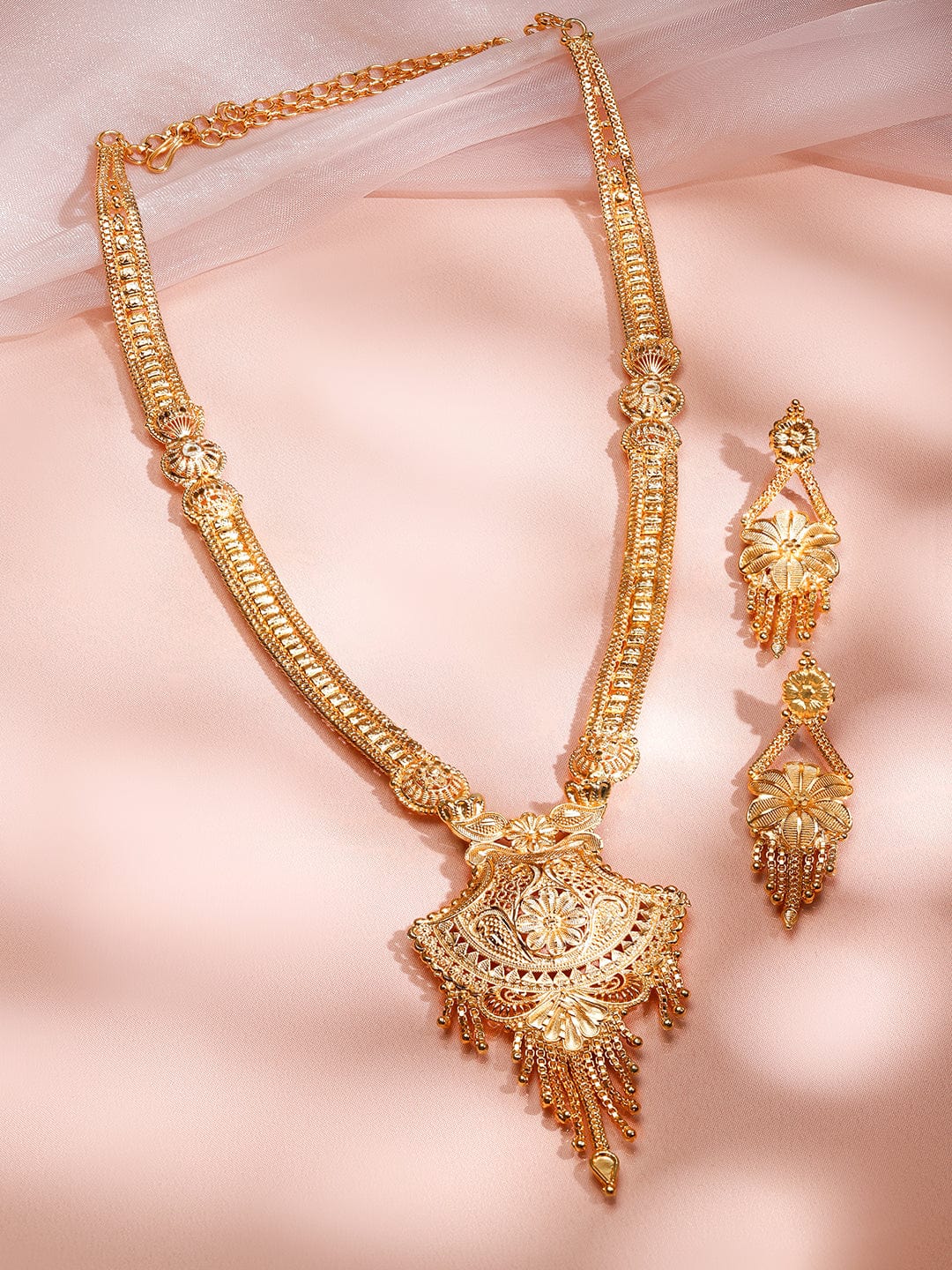 Rubans 18K Gold-Plated Floral Filigree Long Necklace Set with Intricate Pendant and Earrings