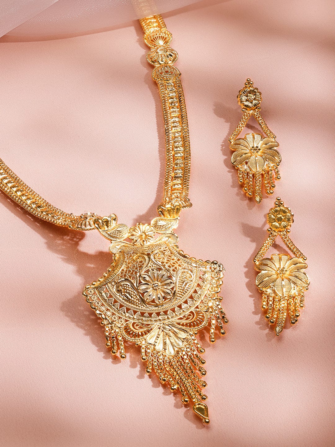 Rubans 18K Gold-Plated Floral Filigree Long Necklace Set with Intricate Pendant and Earrings