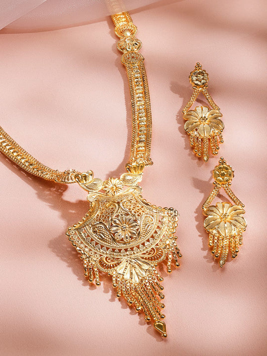 Rubans 18K Gold-Plated Floral Filigree Long Necklace Set with Intricate Pendant and Earrings