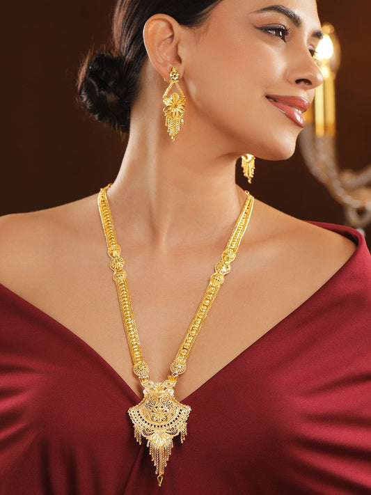 Rubans 18K Gold-Plated Floral Filigree Long Necklace Set with Intricate Pendant and Earrings