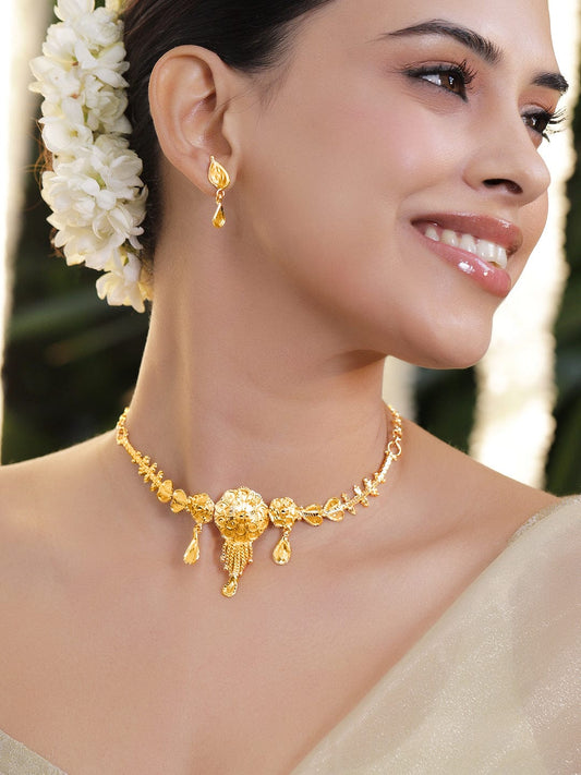 Rubans 18K Gold-Plated Floral Motif Choker Necklace Set with Dangling Drops and Leaf Detailing
