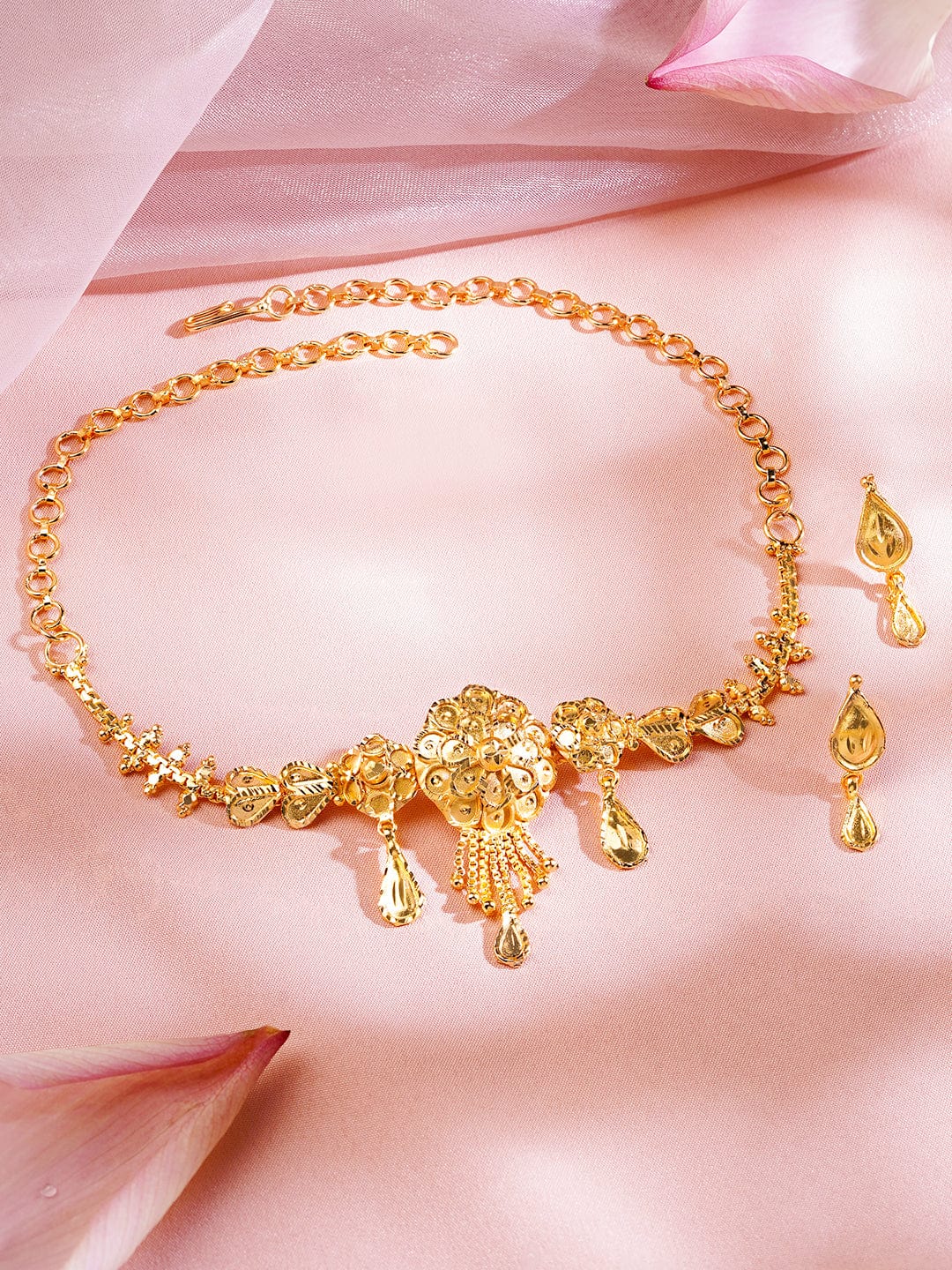 Rubans 18K Gold-Plated Floral Motif Choker Necklace Set with Dangling Drops and Leaf Detailing