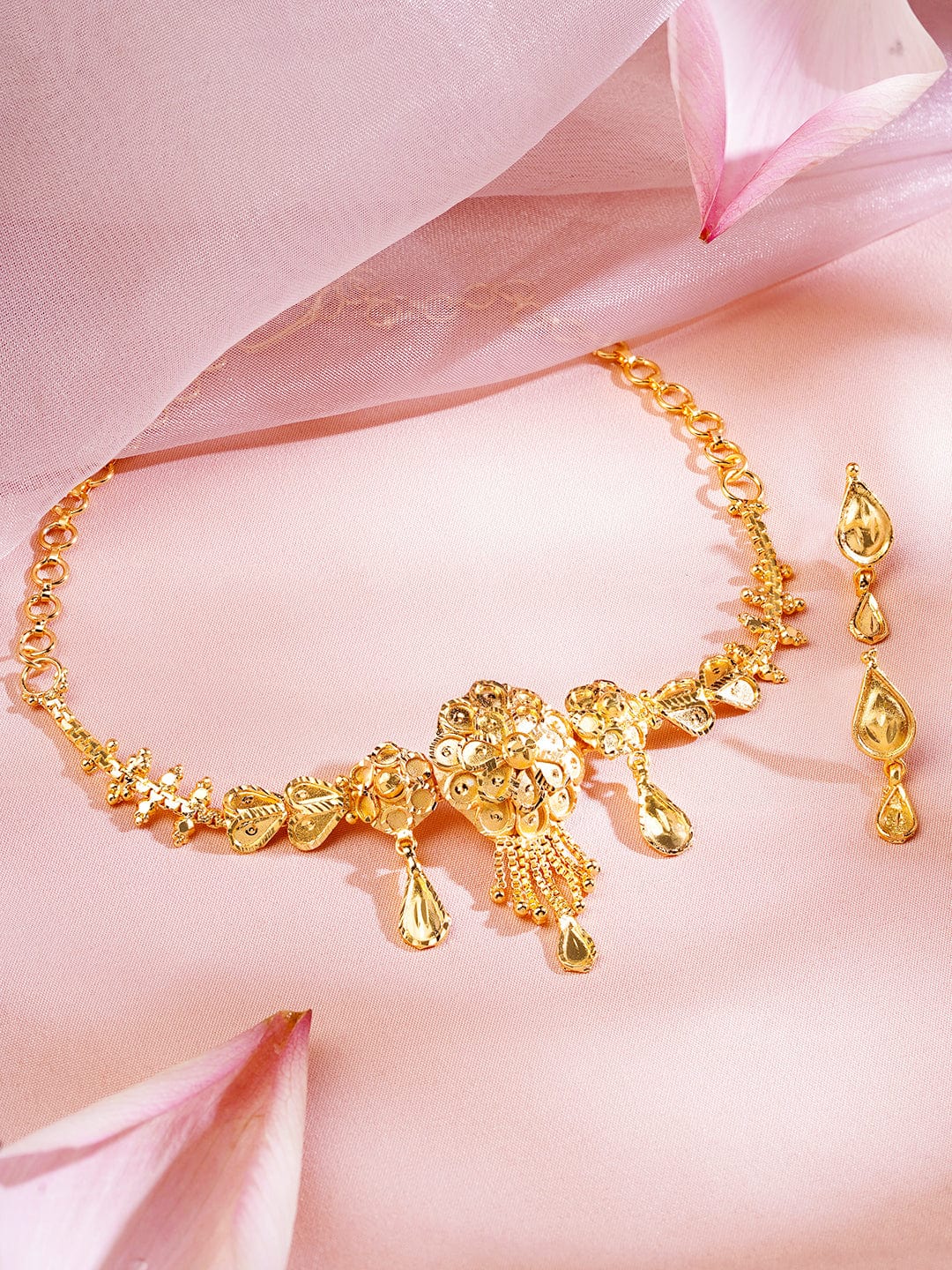 Rubans 18K Gold-Plated Floral Motif Choker Necklace Set with Dangling Drops and Leaf Detailing