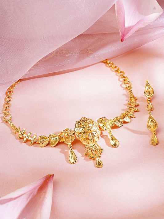 Rubans 18K Gold-Plated Floral Motif Choker Necklace Set with Dangling Drops and Leaf Detailing