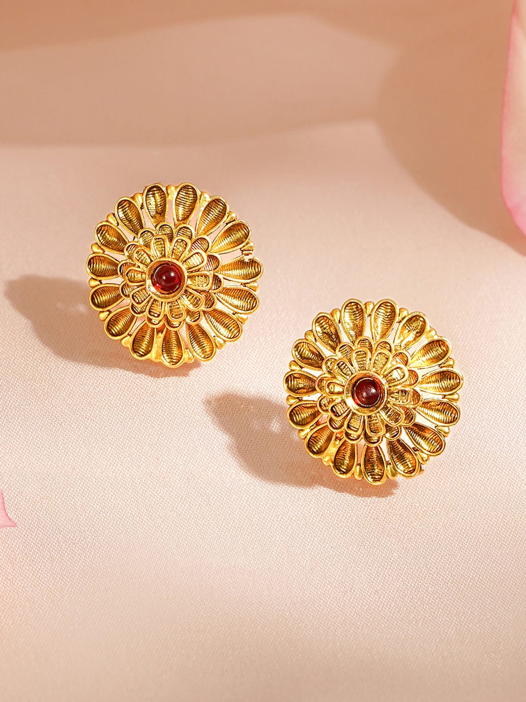 Rubans 18K Gold-Plated Floral Motif Ethnic Pendant Necklace Set with Ruby Red Center Stone