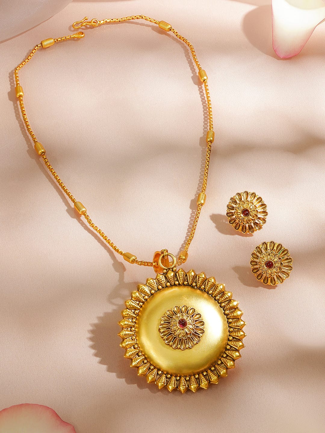 Rubans 18K Gold-Plated Floral Motif Ethnic Pendant Necklace Set with Ruby Red Center Stone