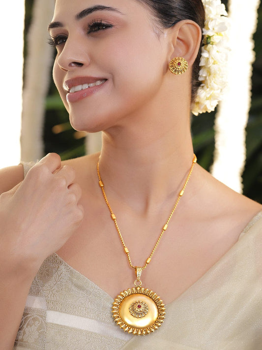 Rubans 18K Gold-Plated Floral Motif Ethnic Pendant Necklace Set with Ruby Red Center Stone