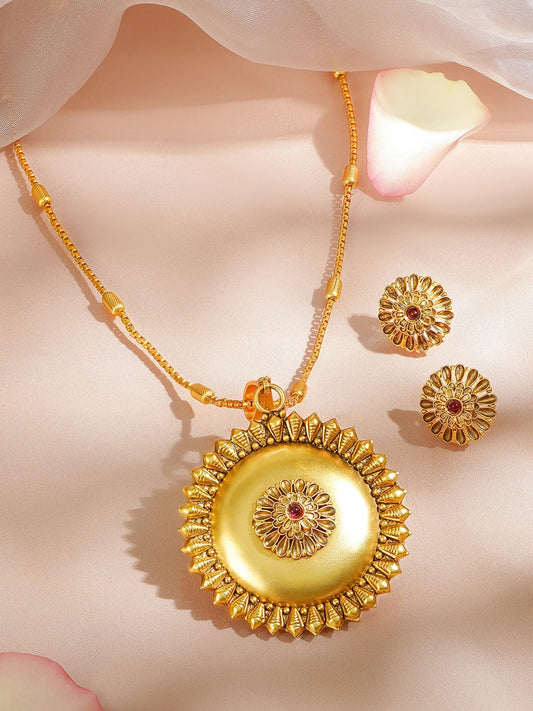 Rubans 18K Gold-Plated Floral Motif Ethnic Pendant Necklace Set with Ruby Red Center Stone