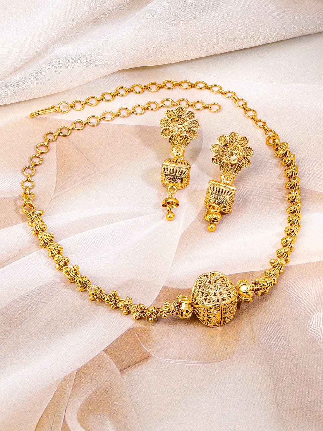 Rubans 18K Gold-Plated Floral Motif & Filigree Beaded Brass Necklace Set for Women
