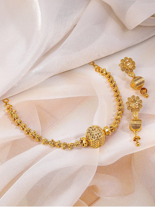 Rubans 18K Gold-Plated Floral Motif & Filigree Beaded Brass Necklace Set for Women