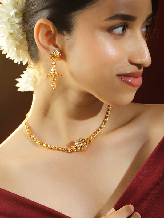 Rubans 18K Gold-Plated Floral Motif & Filigree Beaded Brass Necklace Set for Women