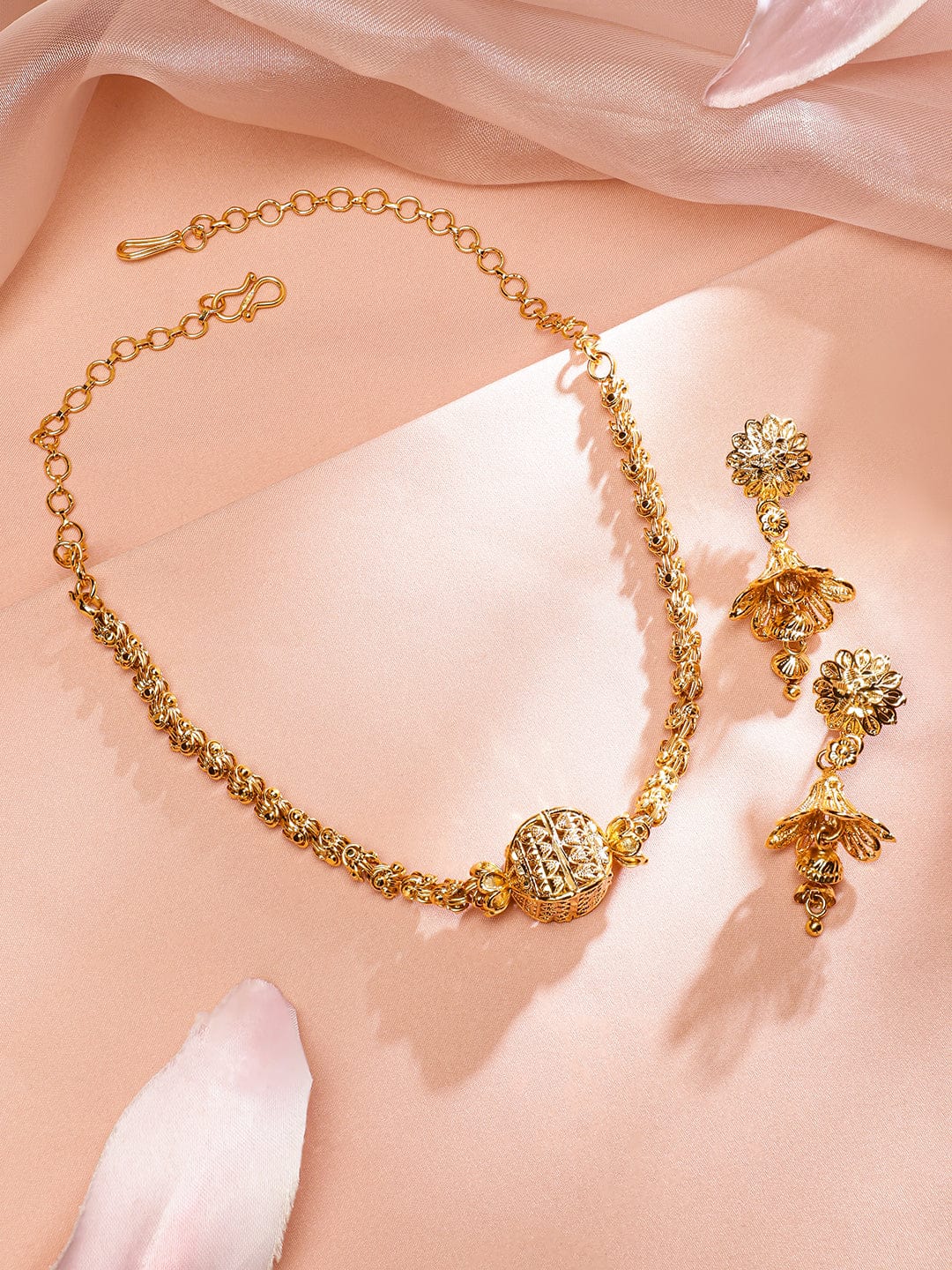 Rubans 18K Gold-Plated Floral Motif & Filigree Beaded Brass Necklace Set for Women