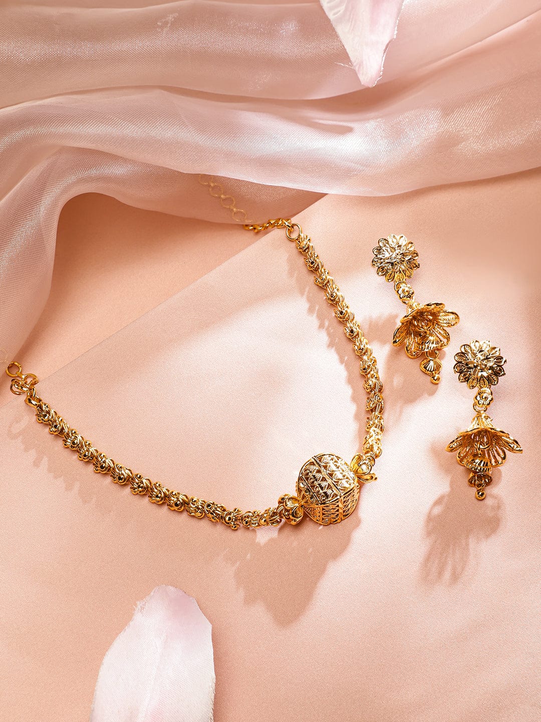 Rubans 18K Gold-Plated Floral Motif & Filigree Beaded Brass Necklace Set for Women