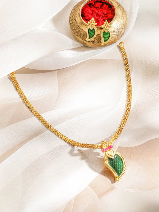 Rubans 18K Gold-Plated Green Enamel Leaf Pendant Necklace Set with Pink & White Stone Floral Accents for Women