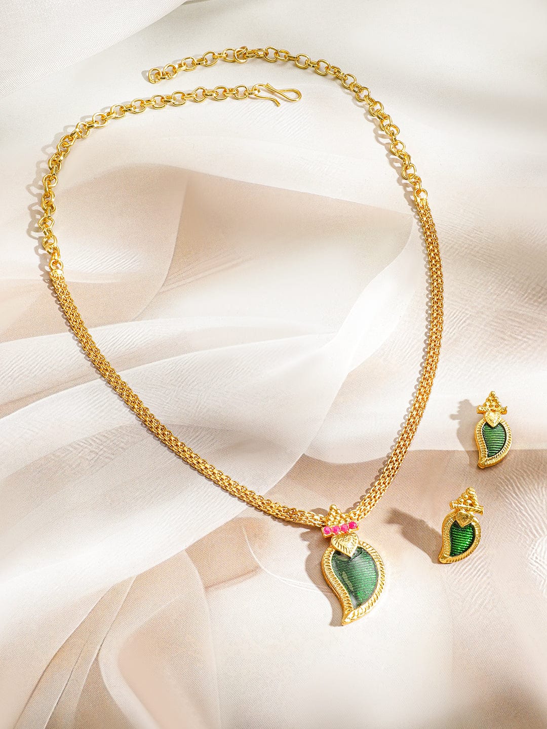 Rubans 18K Gold-Plated Green Enamel Leaf Pendant Necklace Set with Pink & White Stone Floral Accents for Women